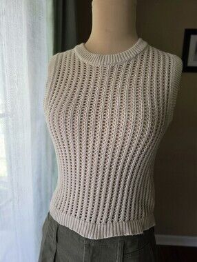 100% Cotton Open Knit Crochet Sweater Tank Top Coastal Neutral The Weekend‎ XS